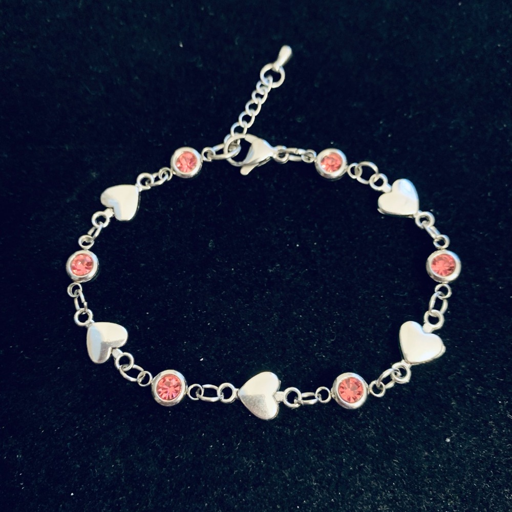 Mini Hearts and pink rhinestone charms bracelet or anklet